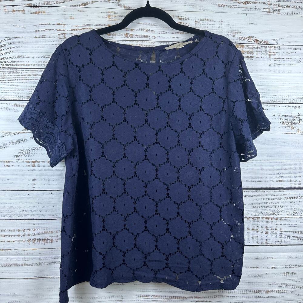 Womens Ann Taylor LOFT Navy Blue Floral Crochet Lace SS Blouse Boho Career Sz L